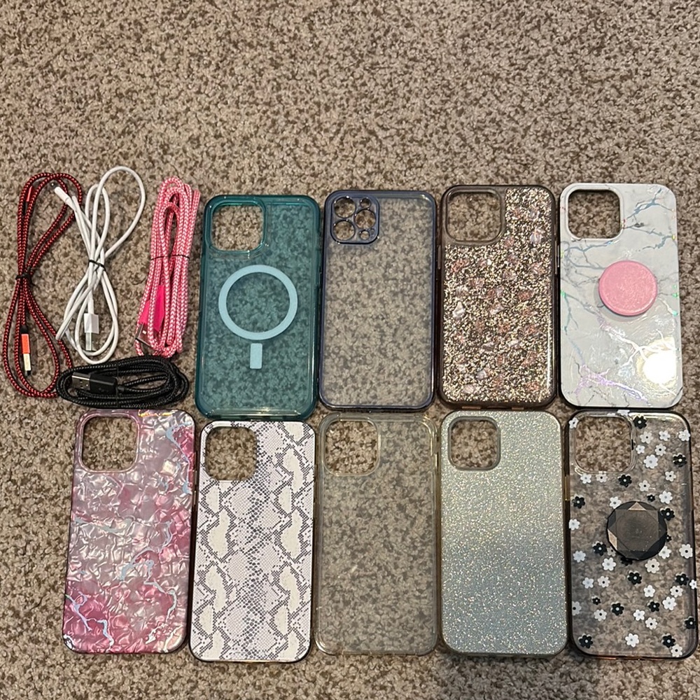 9 Stylish Phone Cases with 6 chargers and 2 Pop Sockets
